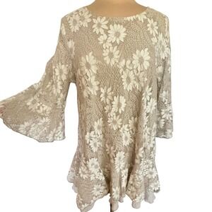 Paisley Vine Floral Lace Tunic Dress Sz XL Cream Bell Sleeve Tiered Boho Fairy